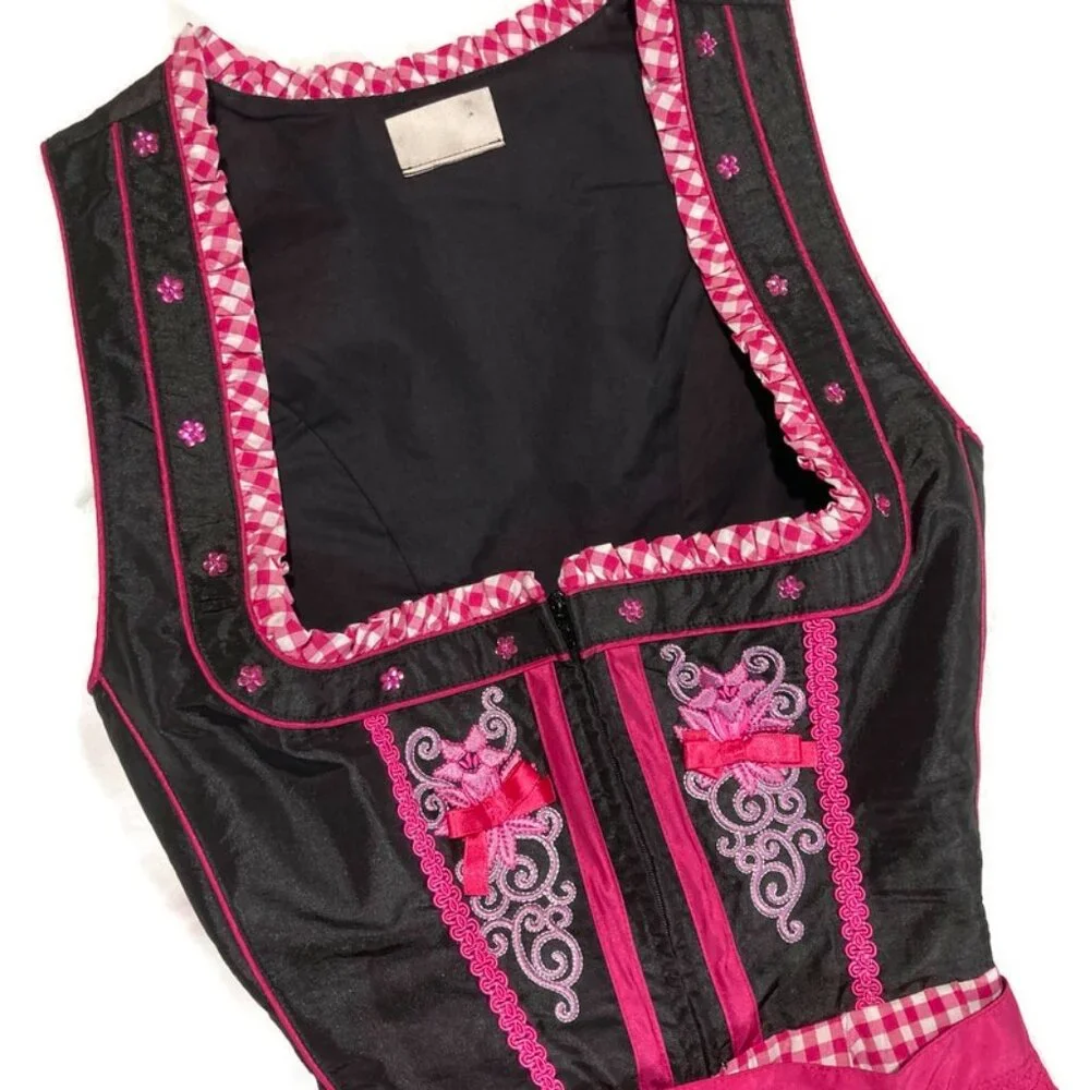 Authentic Dirndl Dress Apron Blouse Set Oktoberfest Landhaus Pink Black 36 XS S - Picture 2 of 6